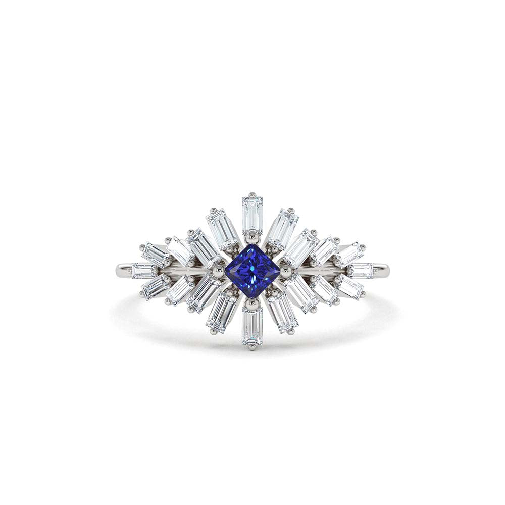 14K Baguette Diamond Ring with Square Sapphire - view 3