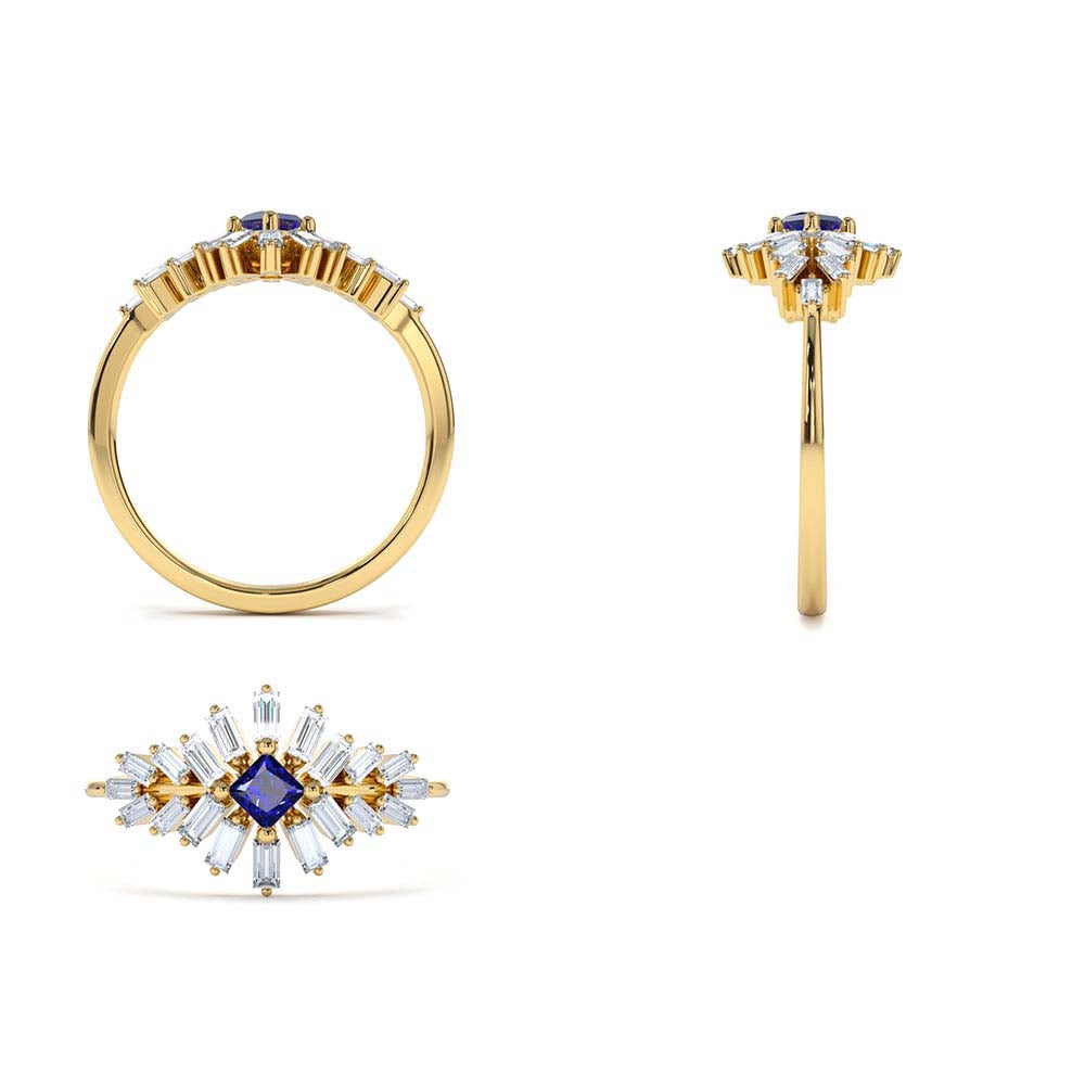 14K Baguette Diamond Ring with Square Sapphire - view 5