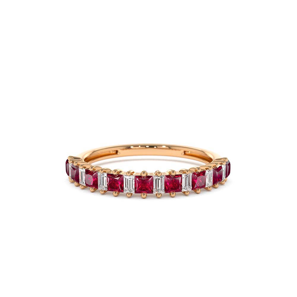 14K Unique Princess Cut Ruby and Baguette Diamond Ring - view 2