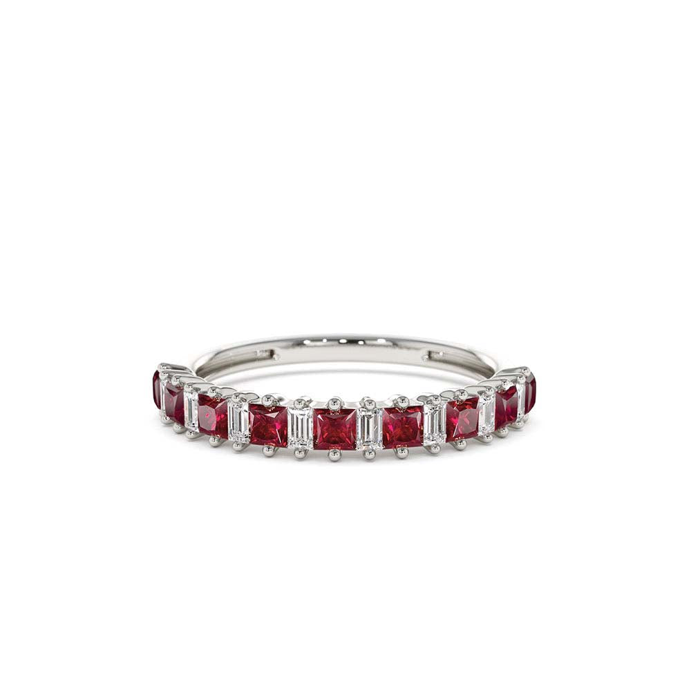 14K Unique Princess Cut Ruby and Baguette Diamond Ring - view 3