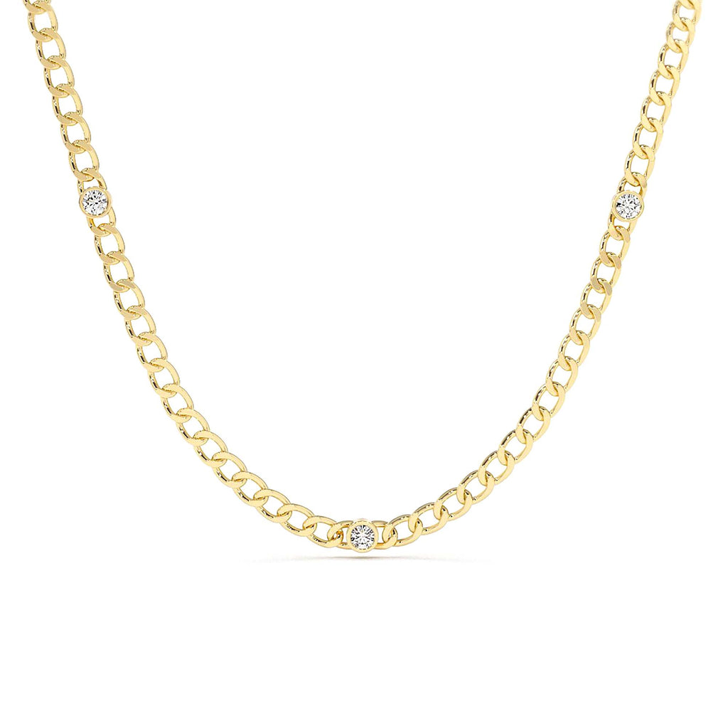 14K Gold Cuban Link Necklace w/ Bezel Setting Diamond by Orlina Fine