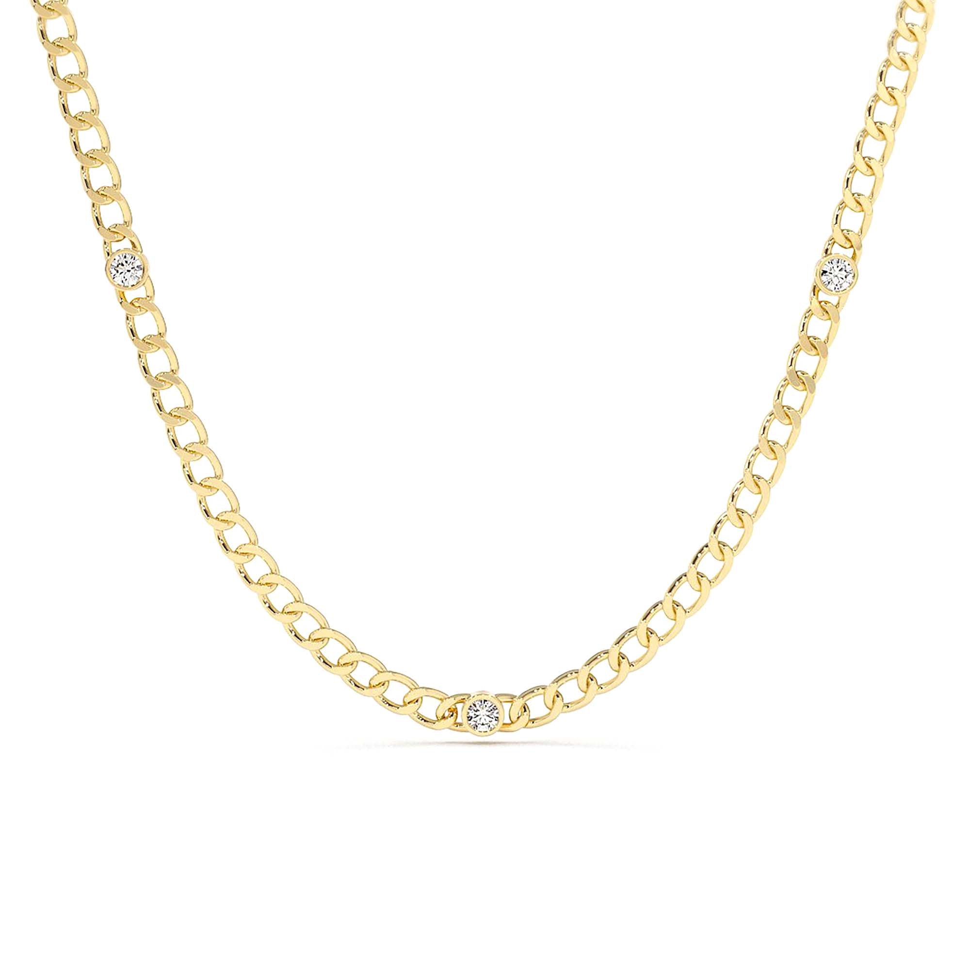 14K Gold Cuban Link Necklace w/ Bezel Setting Diamond by Orlina Fine
