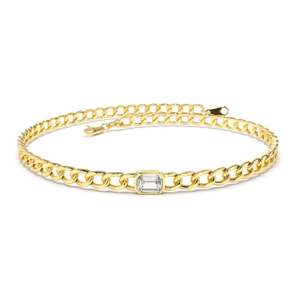 14K Gold Cuban Link Bracelet w/ Emerald Cut Diamond by Orlina Fine