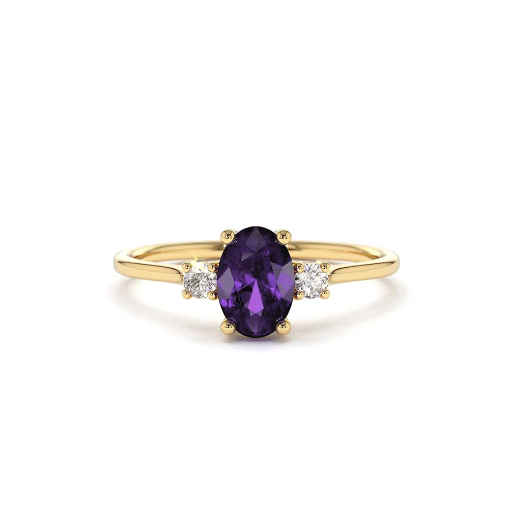 14K Gold Oval Shape Amethyst and Diamond 3 Stone Ring by Orlina Fine