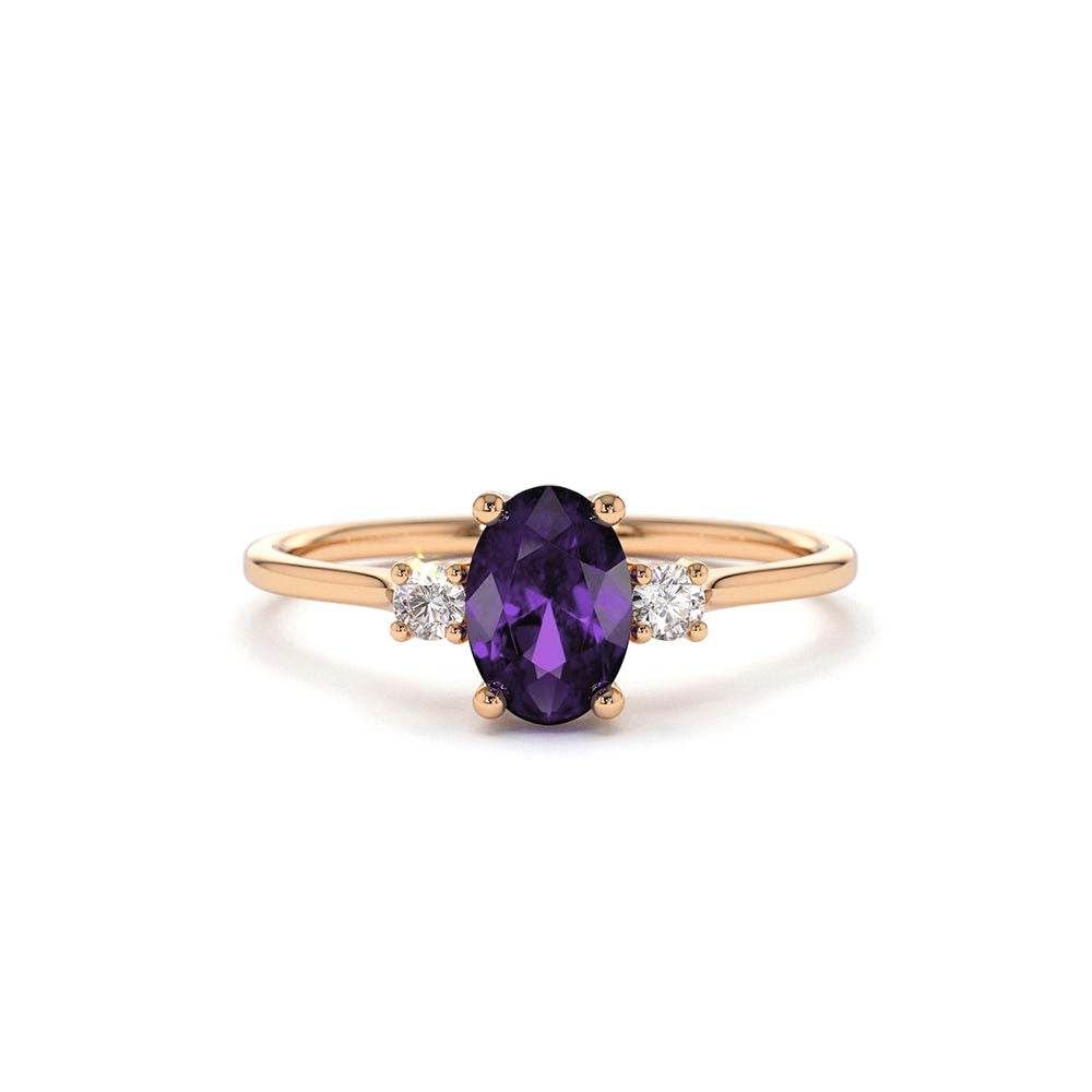14K Gold Oval Shape Amethyst and Diamond 3 Stone Ring - view 2