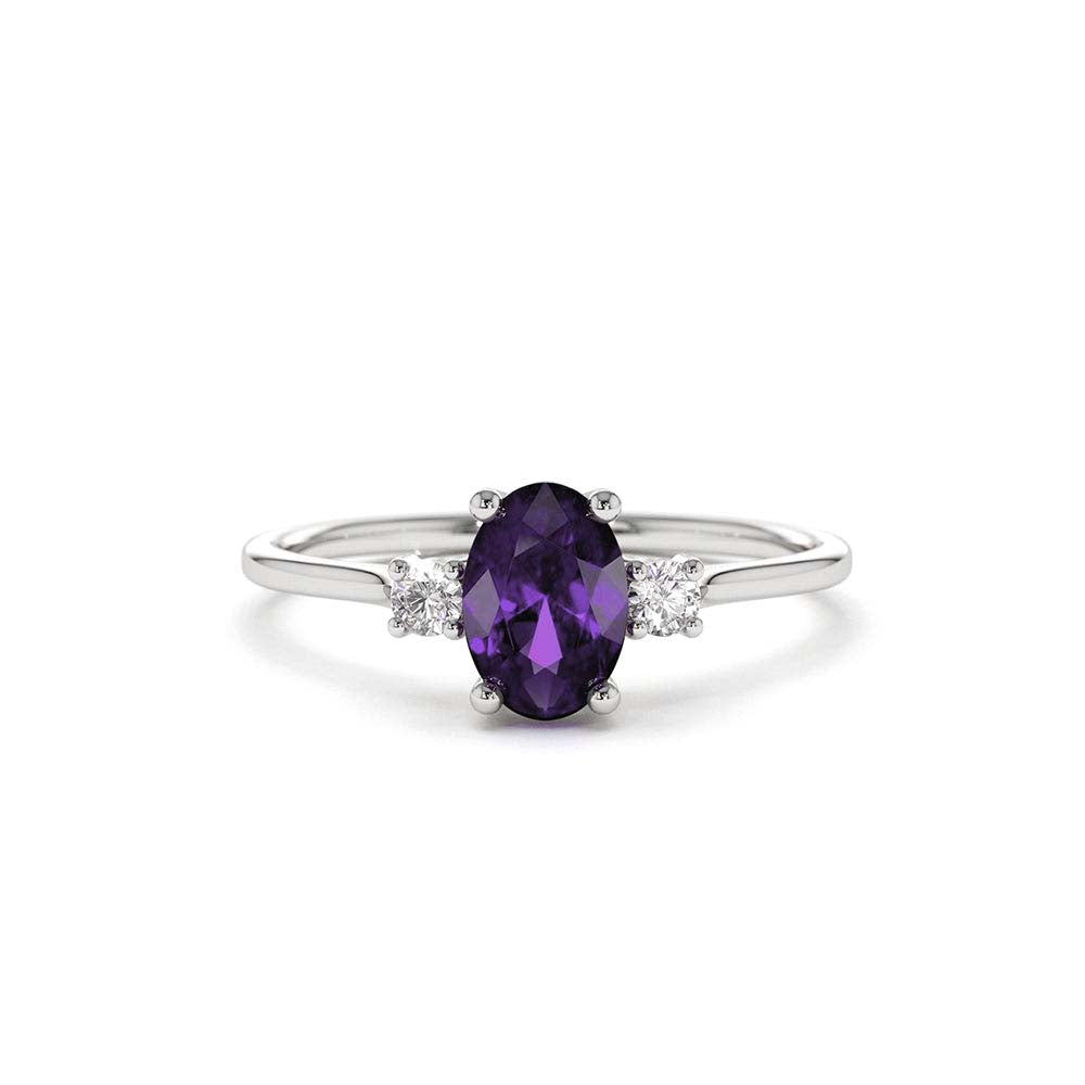 14K Gold Oval Shape Amethyst and Diamond 3 Stone Ring - view 3
