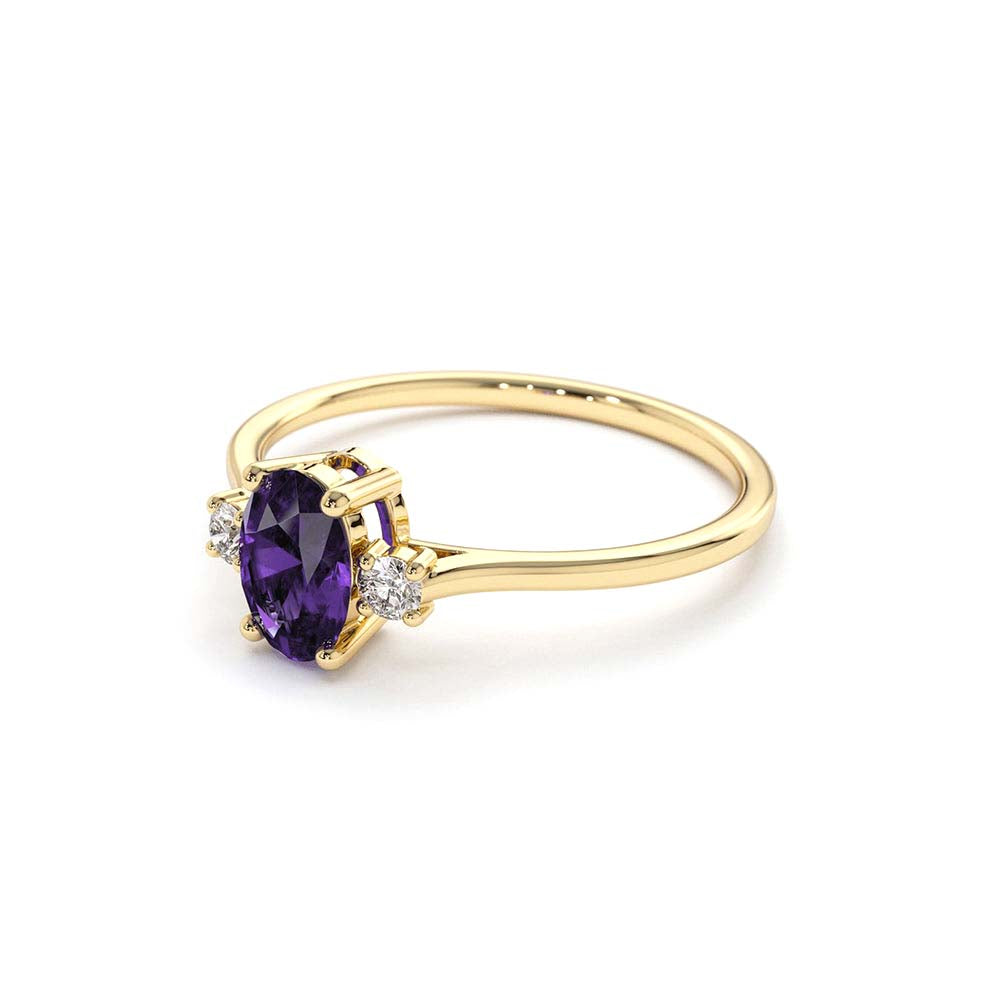 14K Gold Oval Shape Amethyst and Diamond 3 Stone Ring - view 4