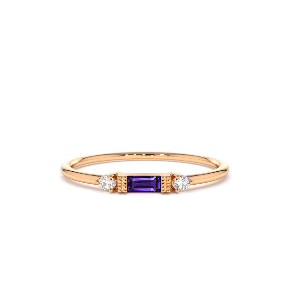 14K Gold Baguette Amethyst With Diamond Ring - view 2