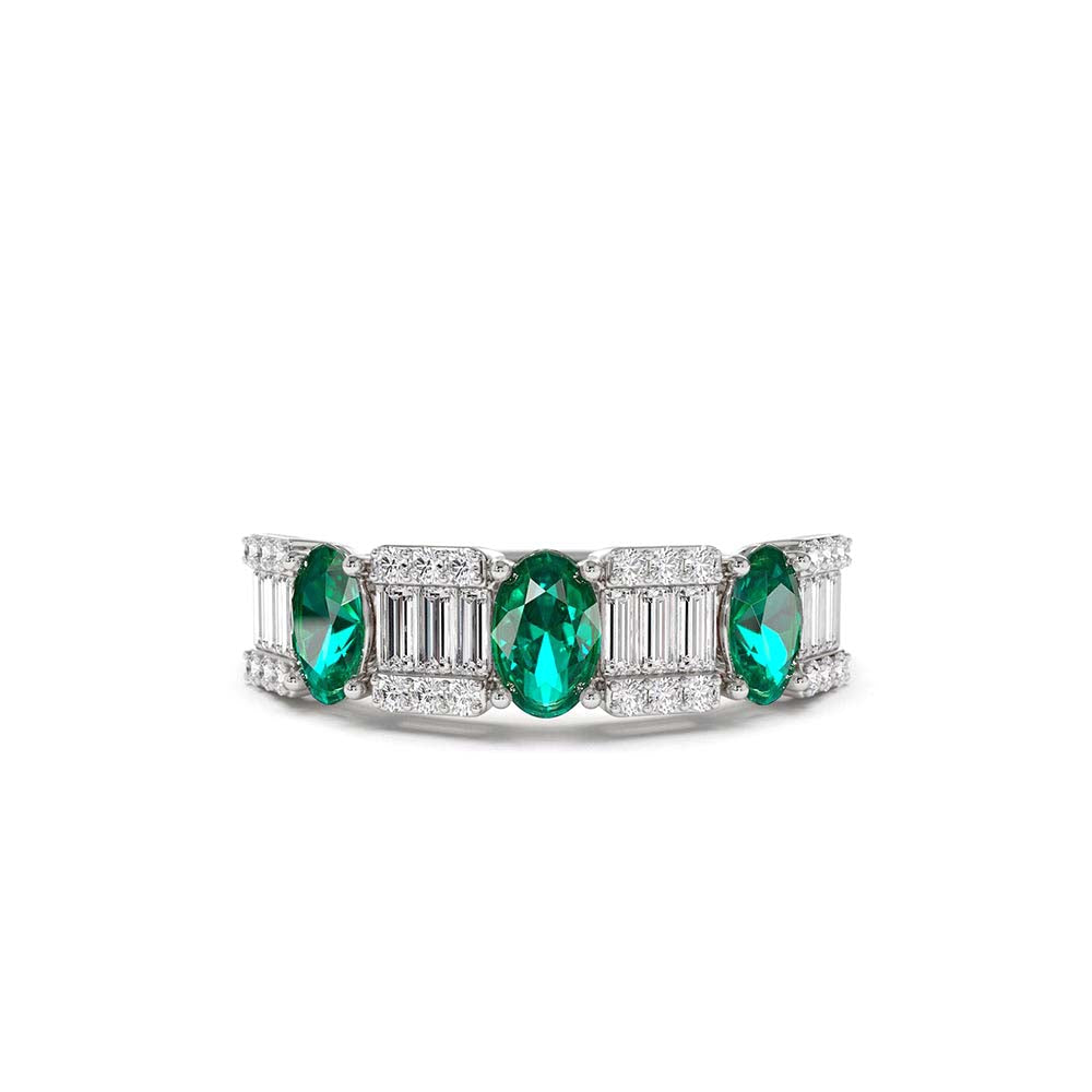 14K Baguette & Round Diamond with Genuine Emerald Ring - view 3