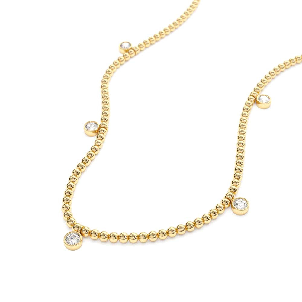 14K 2MM Bead Necklace with Dangling Bezel Setting Diamonds - view 4