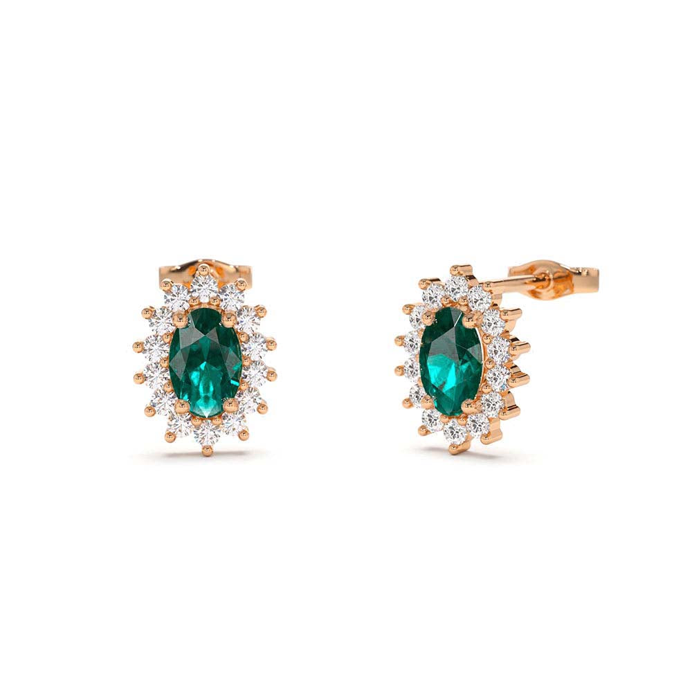 14K Emerald Earrings with Halo Diamonds - view 2