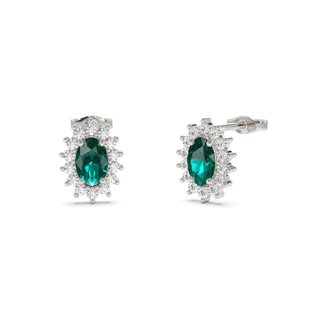 14K Emerald Earrings with Halo Diamonds - view 3