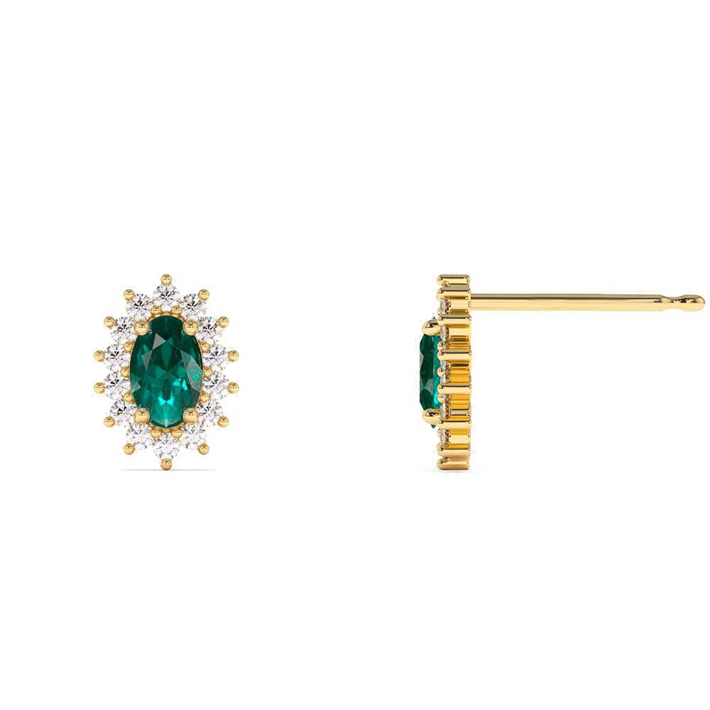 14K Emerald Earrings with Halo Diamonds - view 4