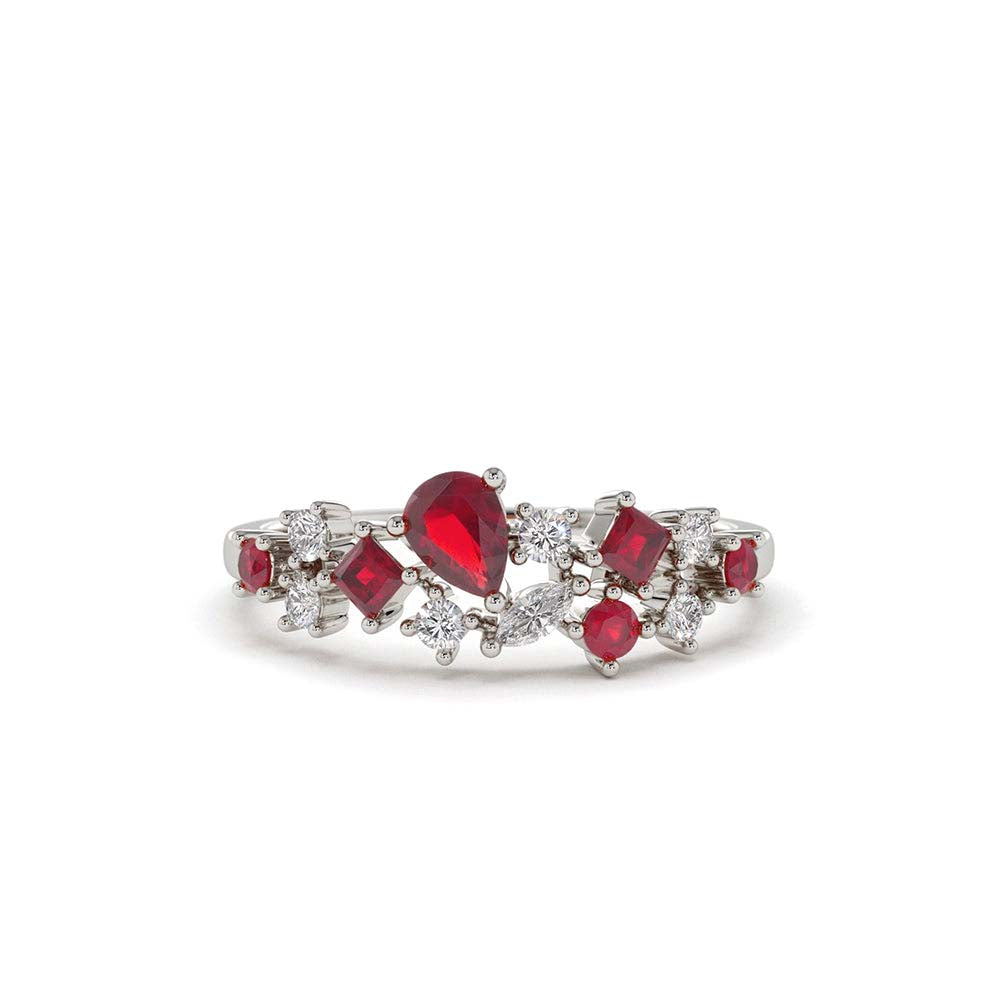 14K Ruby and Diamond Mixed Shape Cluster Ring - view 2