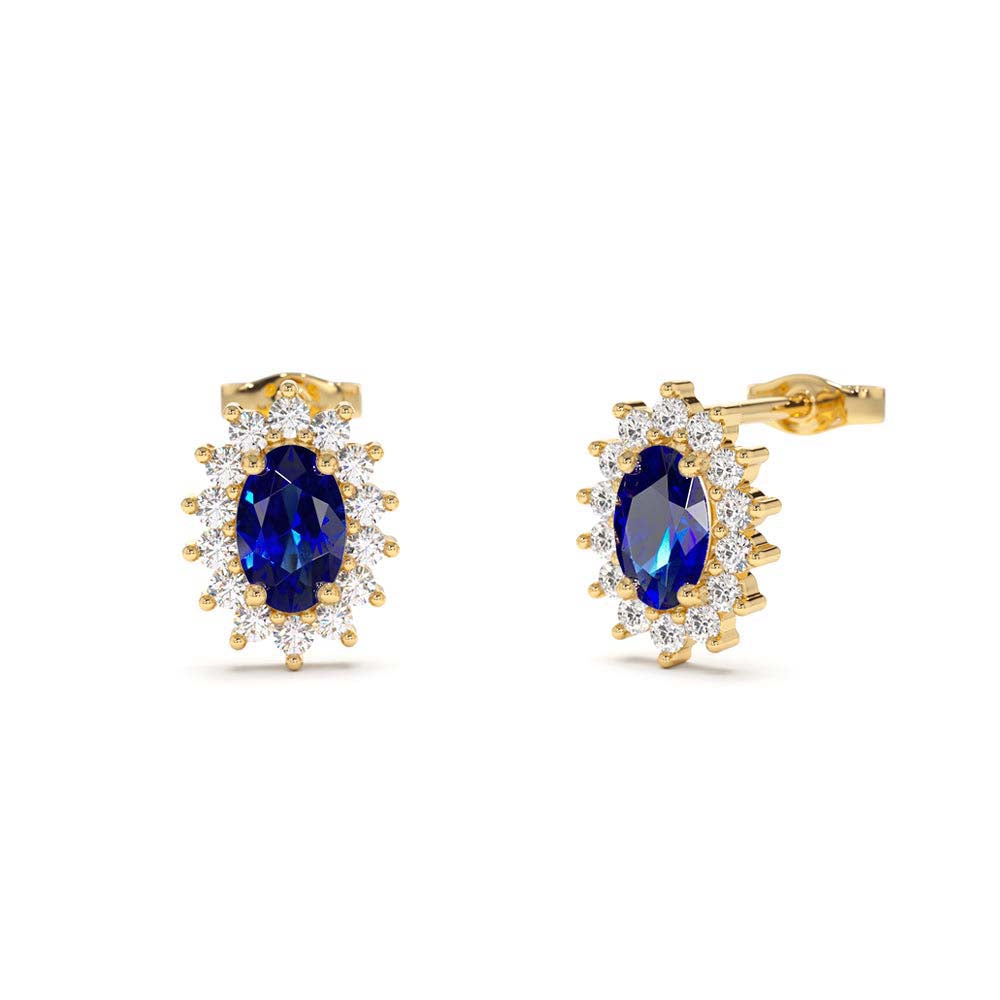 14K Oval Cut Blue Sapphire Earrings with Diamonds by Orlina Fine