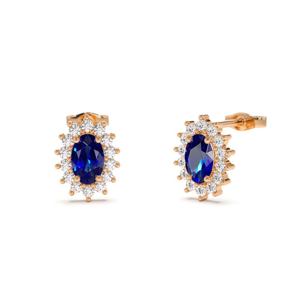 14K Oval Cut Blue Sapphire Earrings with Diamonds - view 2