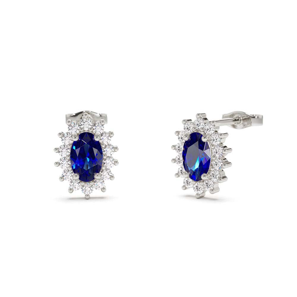 14K Oval Cut Blue Sapphire Earrings with Diamonds - view 3