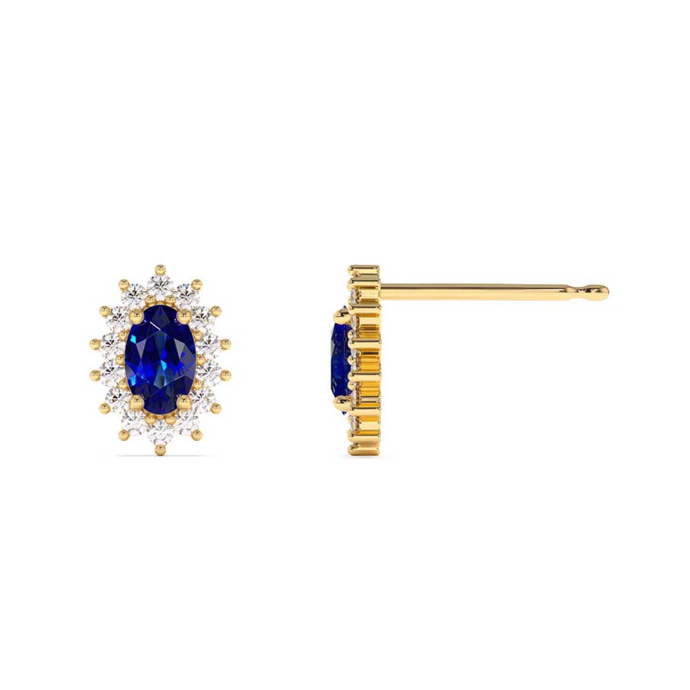 14K Oval Cut Blue Sapphire Earrings with Diamonds - view 4
