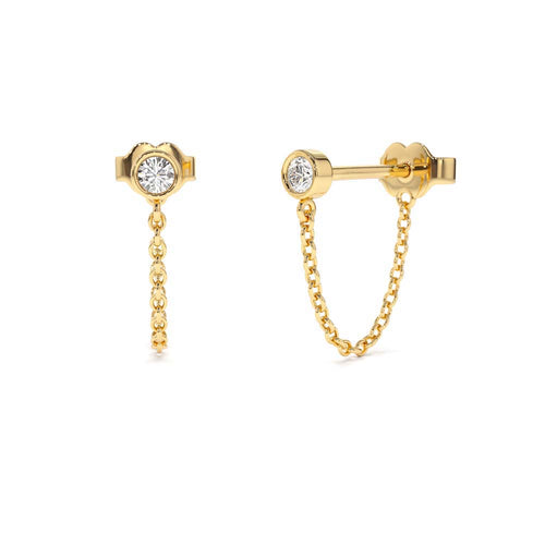 14K Bezel Setting Diamond Studs Chain Earrings by Orlina Fine