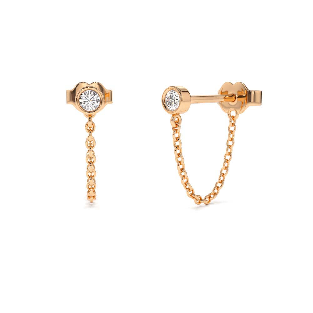 14K Bezel Setting Diamond Studs Chain Earrings - view 2