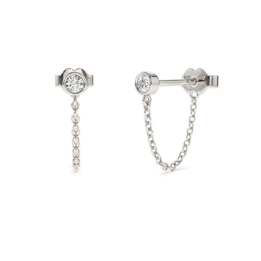 14K Bezel Setting Diamond Studs Chain Earrings - view 3