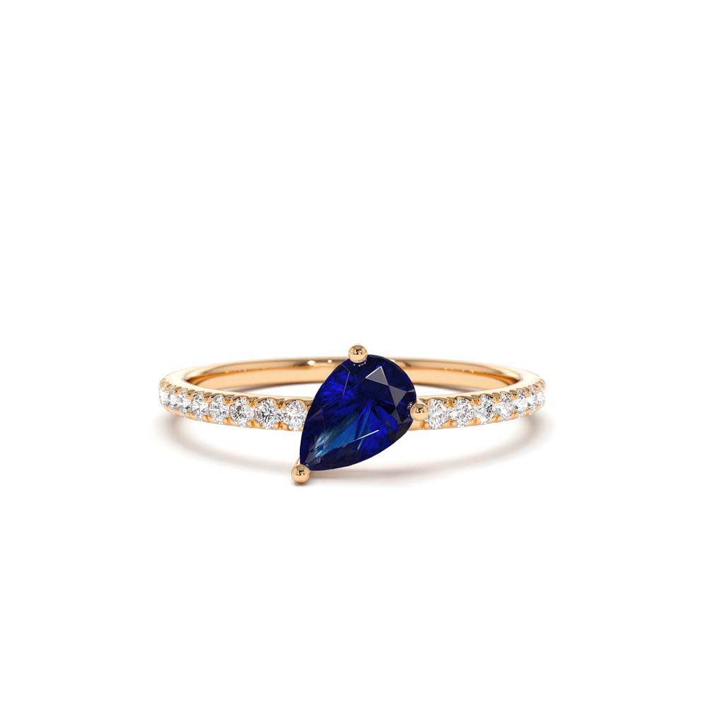 14K Slanted Pear Shape Sapphire Ring with Pave Diamonds - view 2