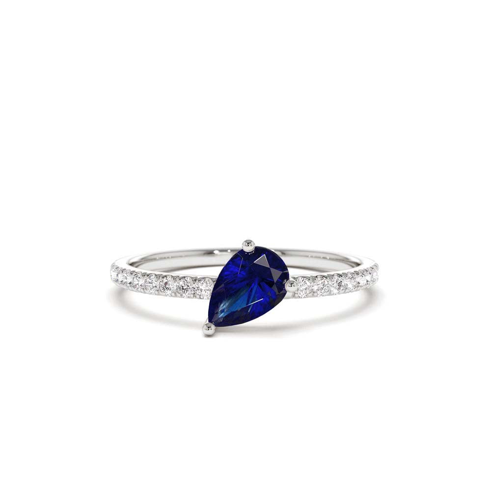 14K Slanted Pear Shape Sapphire Ring with Pave Diamonds - view 3