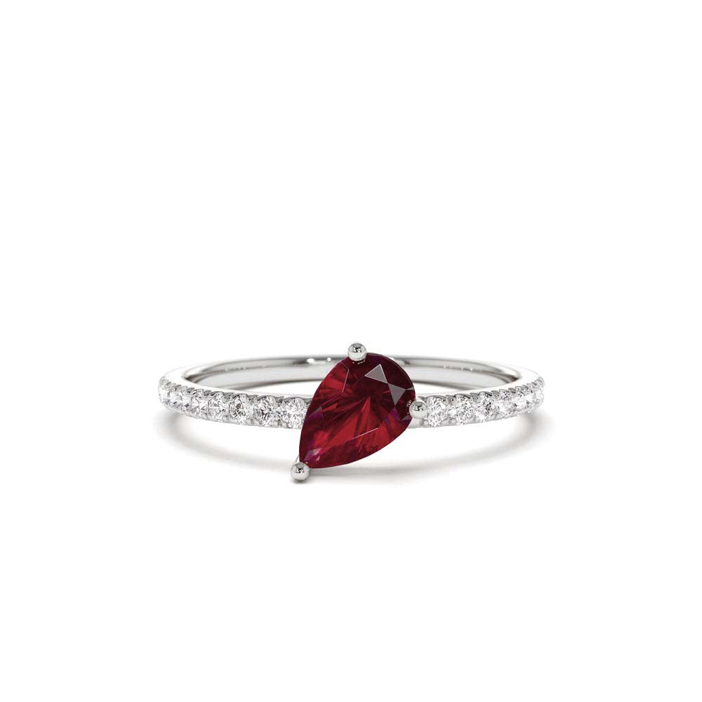 14K Slanted Pear Shape Ruby Ring with Pave Diamonds - view 2