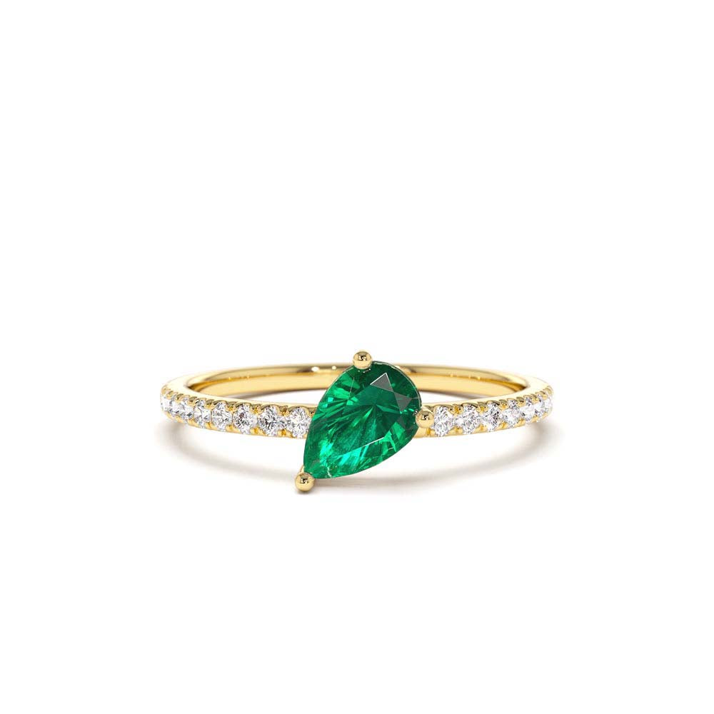 14K Slanted Pear Shape Emerald Ring with Pave Diamonds by Orlina Fine
