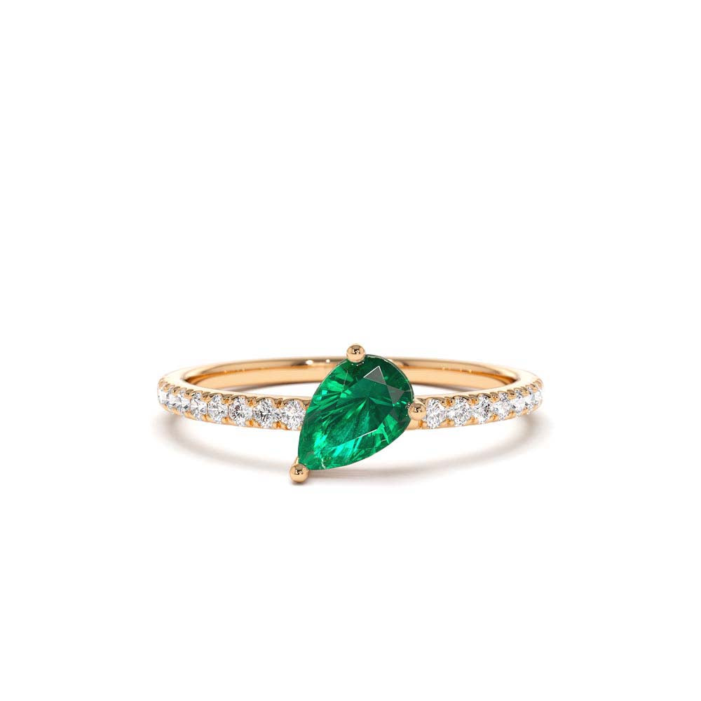 14K Slanted Pear Shape Emerald Ring with Pave Diamonds - view 2