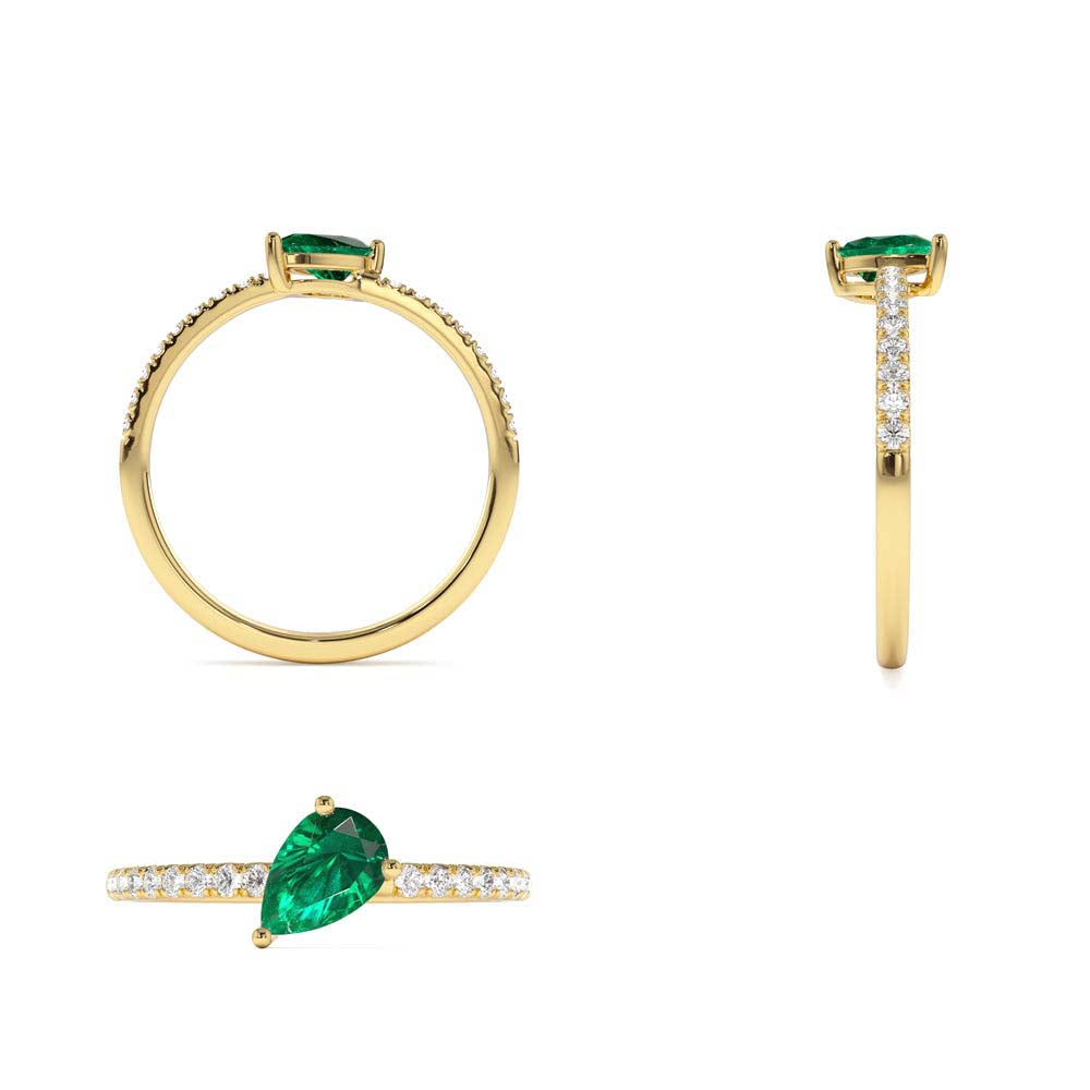 14K Slanted Pear Shape Emerald Ring with Pave Diamonds - view 5
