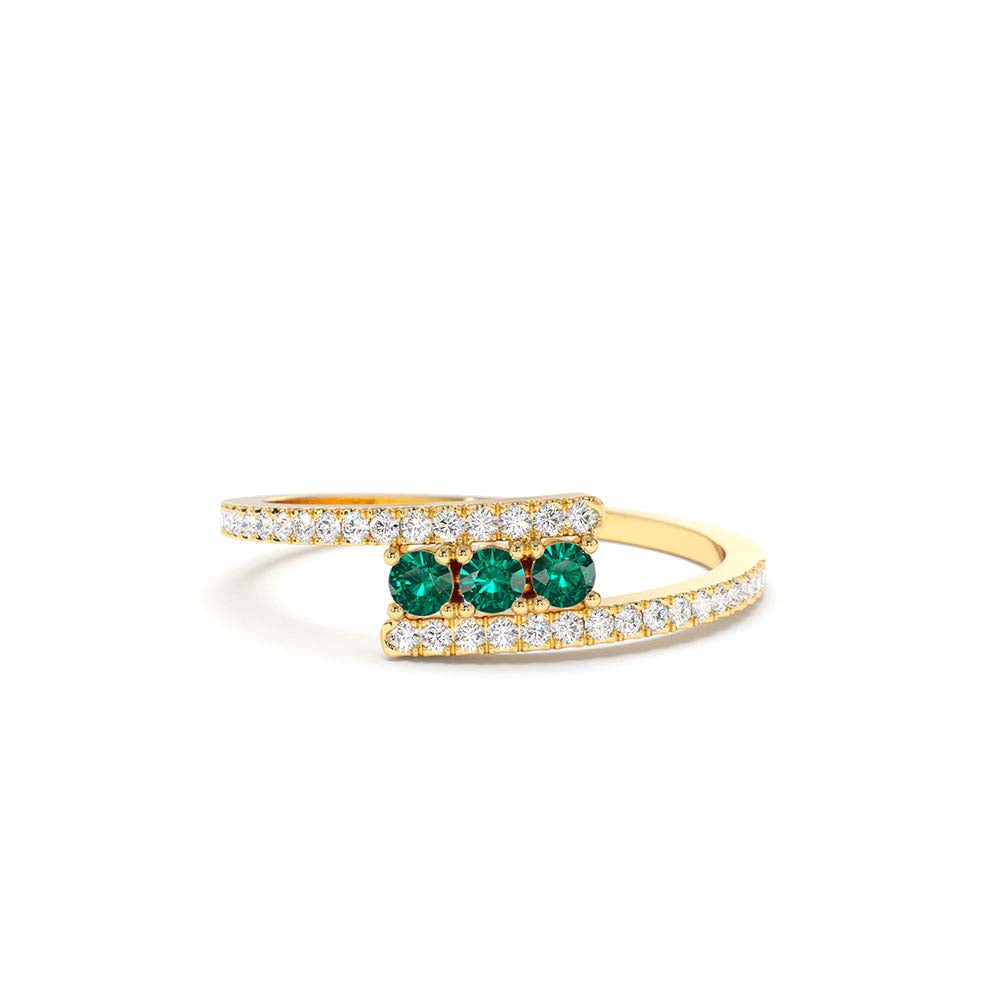 14K Cross Over Diamond Ring with Round Emeralds by Orlina Fine