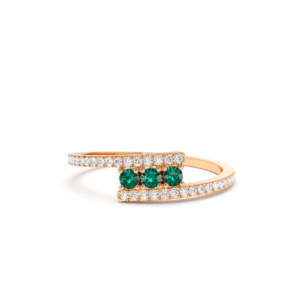 14K Cross Over Diamond Ring with Round Emeralds - view 2
