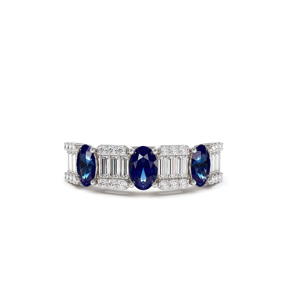14K Baguette & Round Diamond with Genuine Sapphire Ring - view 3