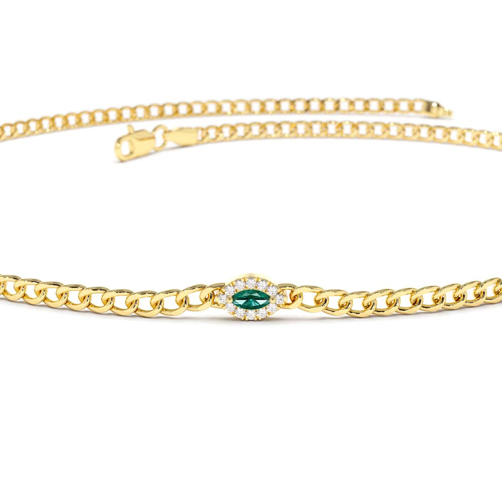 14K 2MM Curb Link Marquise Emerald Bracelet - view 3