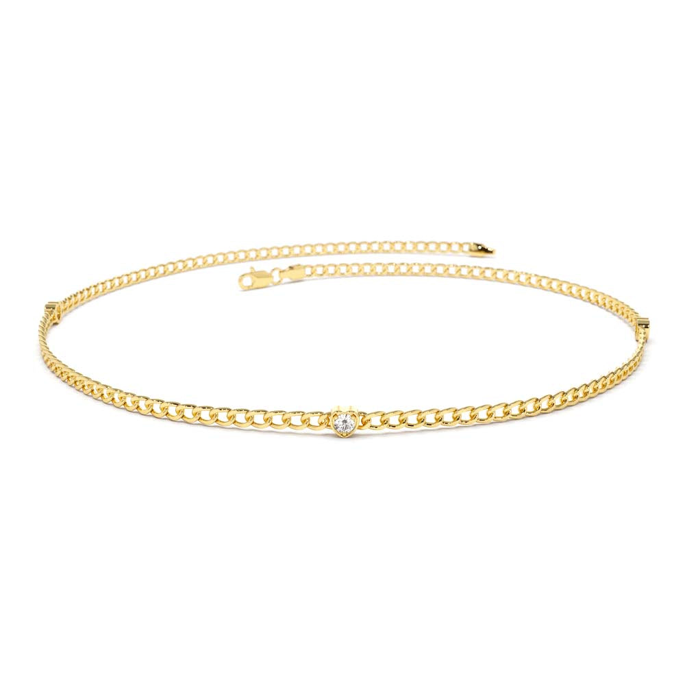 14K 2MM Curb Link Bracelet w/ Heart Shape Solitaire Round Diamonds by Orlina Fine
