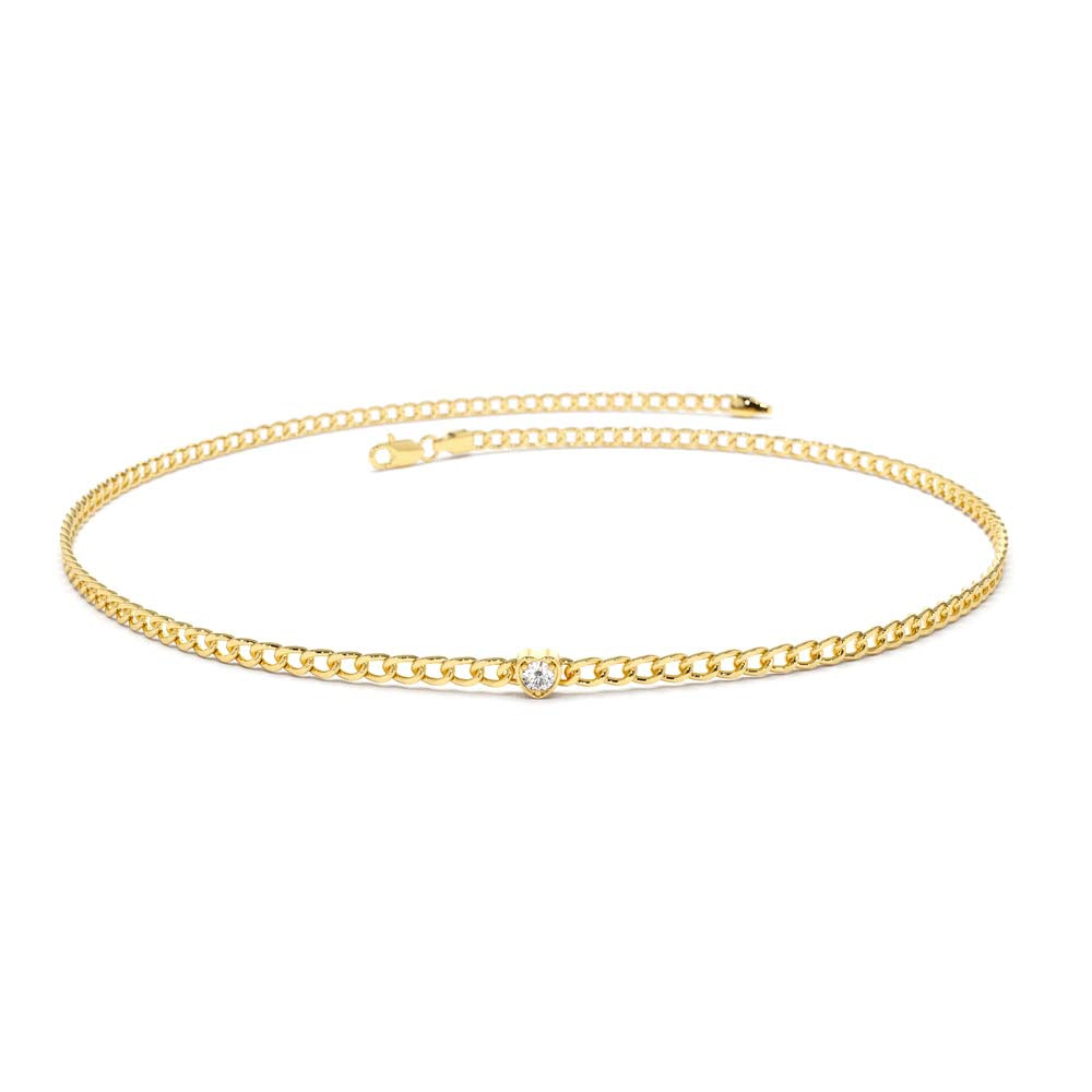 14K 2MM Curb Link Bracelet w/ Heart Shape Solitaire Round Diamonds - view 2