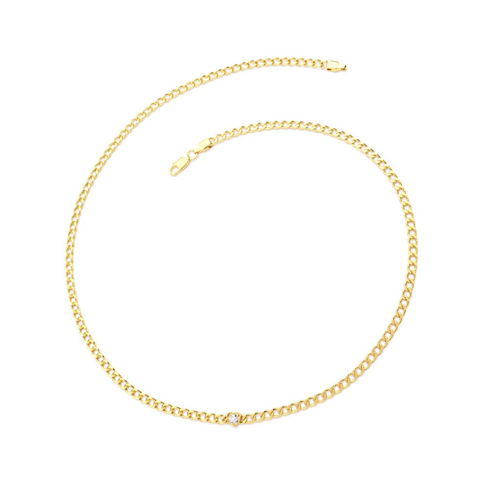 14K 2MM Curb Link Bracelet w/ Heart Shape Solitaire Round Diamonds - view 3