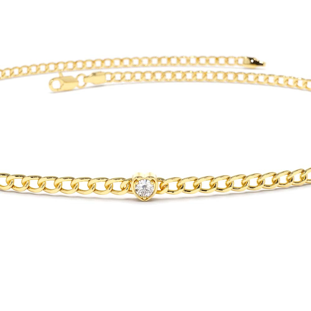14K 2MM Curb Link Bracelet w/ Heart Shape Solitaire Round Diamonds - view 5