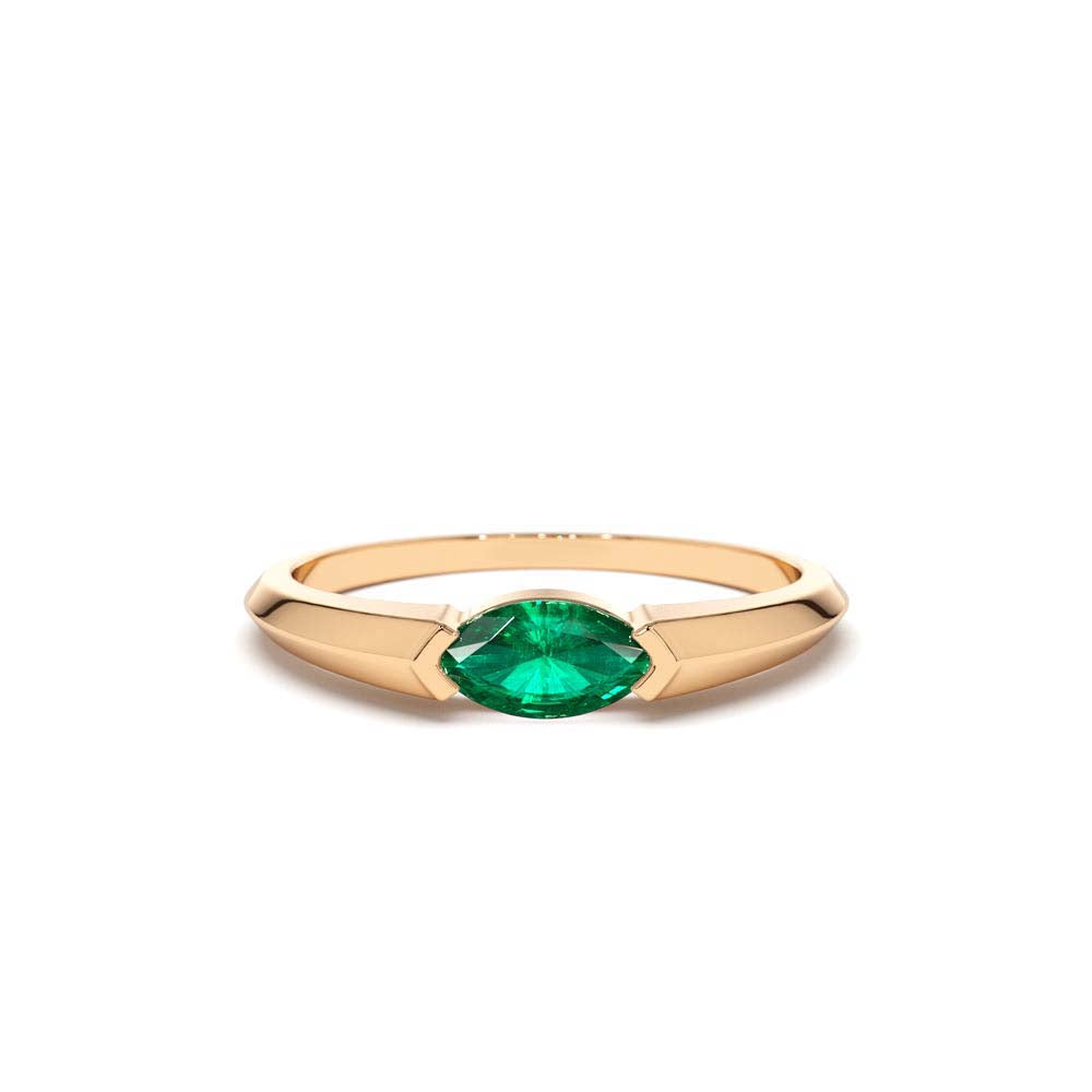 14K Horizontal Marquise Shape Natural Emerald Ring - view 2