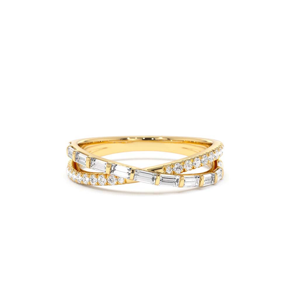 14K Mix Baguette and Round Diamond Crossover Ring by Orlina Fine