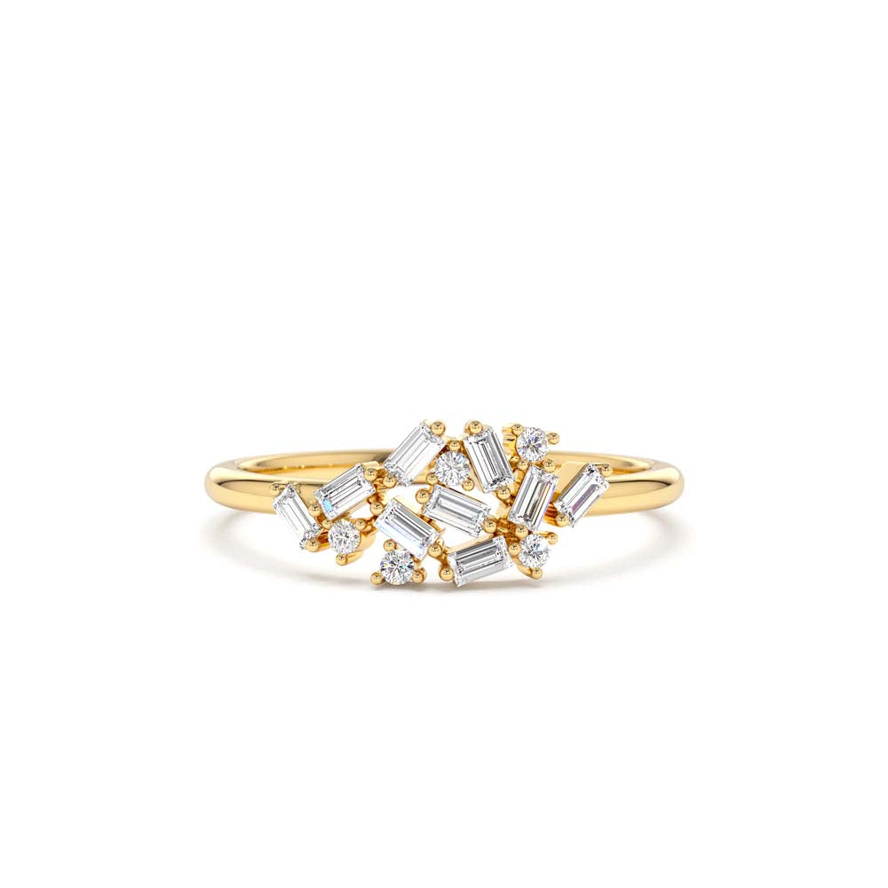 14K Baguette and Round Diamond Dainty Cluster Ring by Orlina Fine