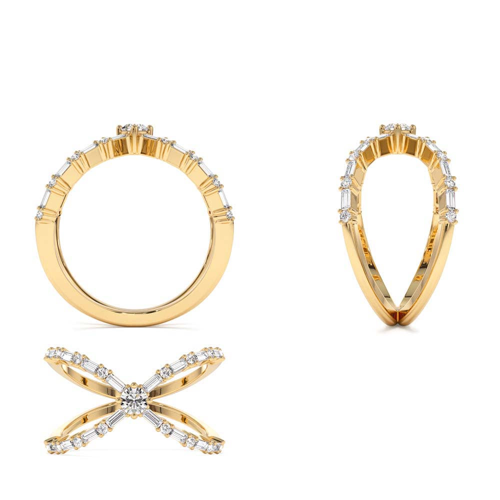 Baguette & Round Diamond Crisscross Ring in 14K Gold - view 5