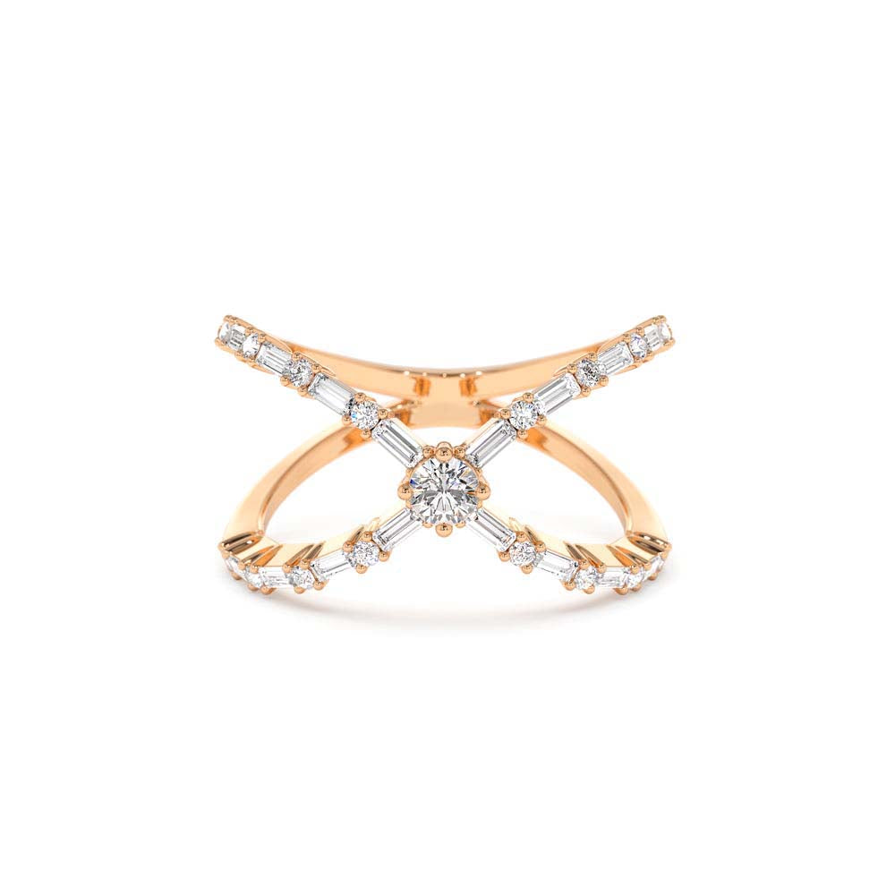 Baguette & Round Diamond Crisscross Ring in 14K Gold - view 2
