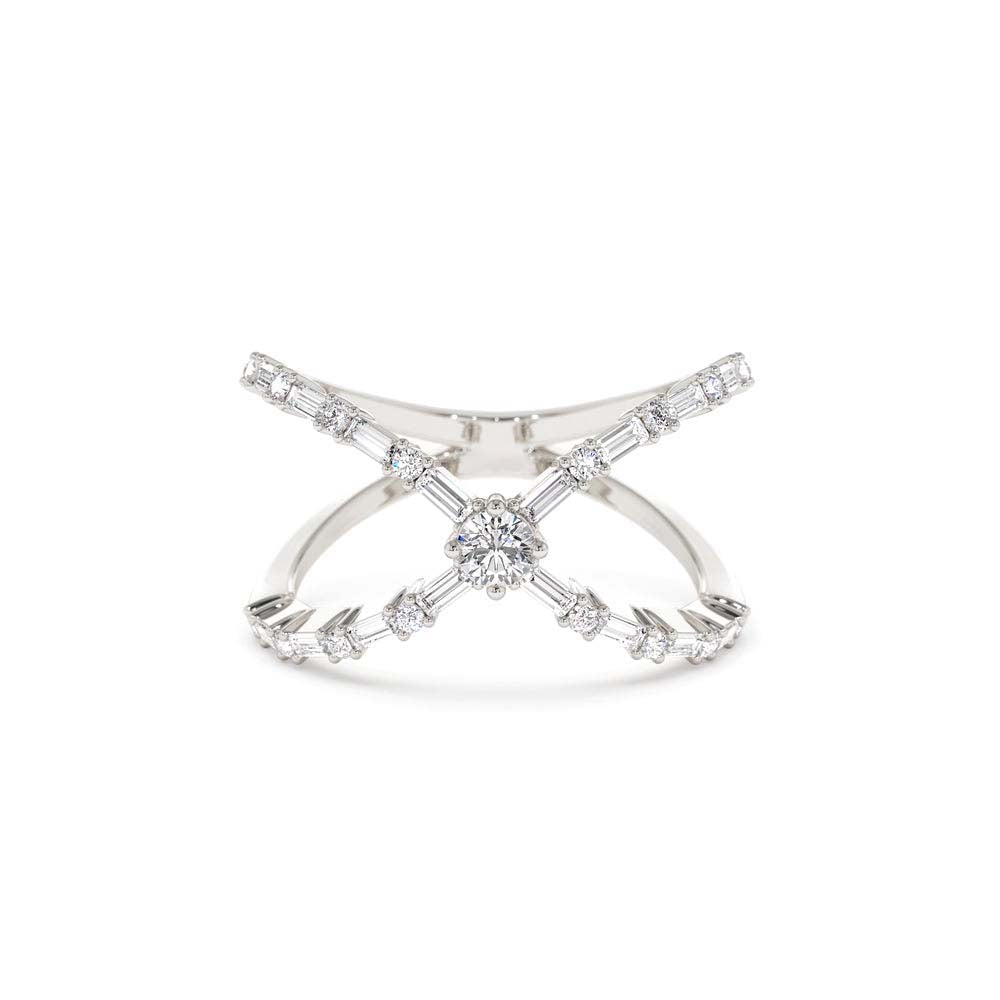Baguette & Round Diamond Crisscross Ring in 14K Gold - view 3