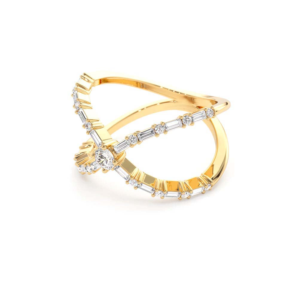 Baguette & Round Diamond Crisscross Ring in 14K Gold - view 4