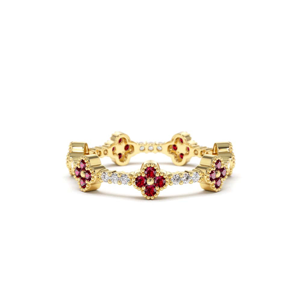 Full Eternity Clover Ruby and Diamond Ring in 14K Gold by Orlina Fine