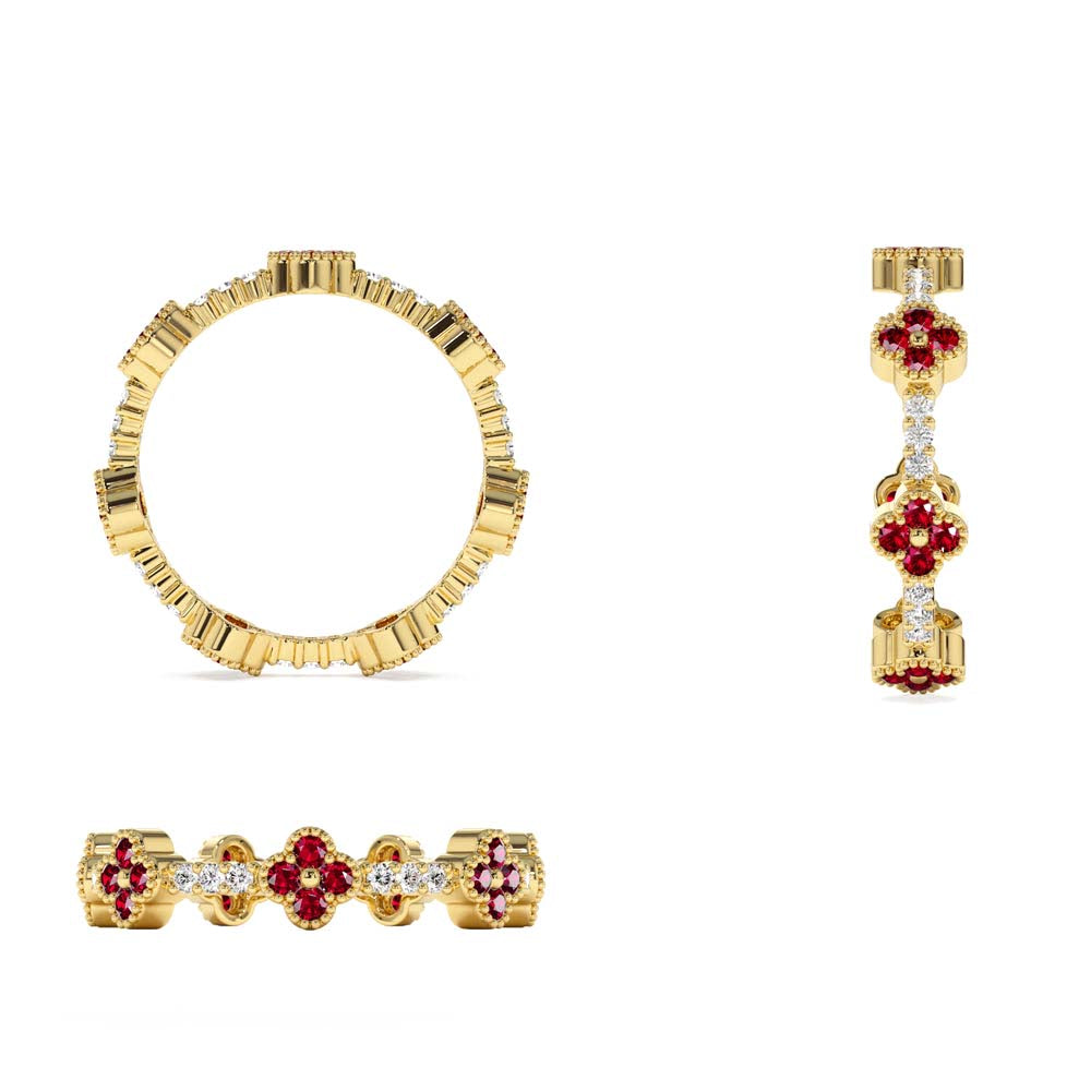 Full Eternity Clover Ruby and Diamond Ring in 14K Gold - view 5