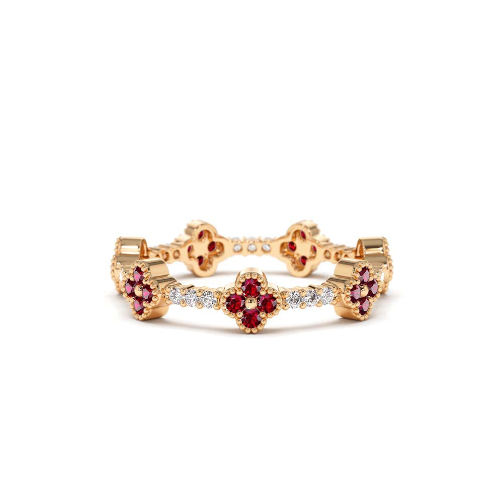 Full Eternity Clover Ruby and Diamond Ring in 14K Gold - view 2
