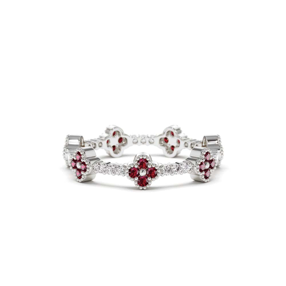 Full Eternity Clover Ruby and Diamond Ring in 14K Gold - view 3